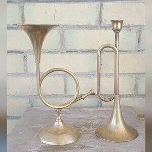 Vintage Brass Trumpet & French Horn Candle Holders